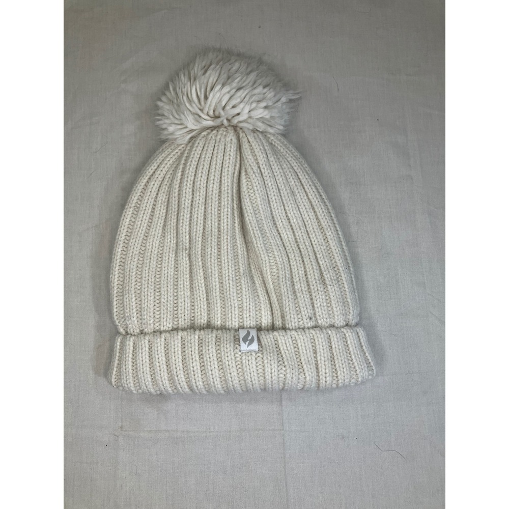 Heat Holders Cream Ribbed Knit Pom Pom Beanie Fleece Lined Winter Hat One Size